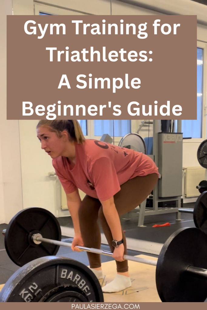 Beginner triathlete performing a deadlift in the gym with text overlay “Gym Training for Triathletes: A Simple Beginner's Guide”.